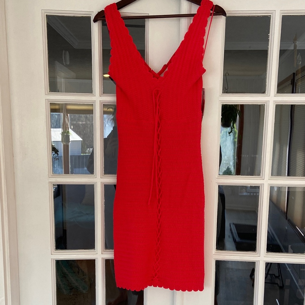 Red V-Neck Scalloped Crochet Mini Dress